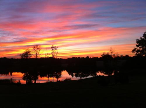 a sunset with the reflection of trees in the water at Lavender Village in Kiemeliai