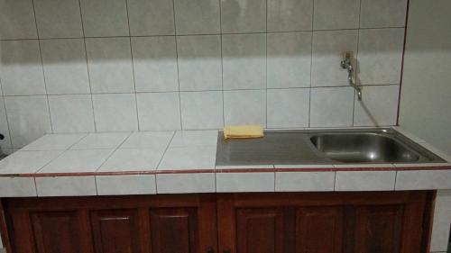 un bancone della cucina con lavandino e parete piastrellata di Homestay Lovebird a Wonosobo