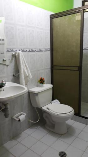 a bathroom with a toilet and a sink and a shower at Hostal Villa Cecilia in Villavieja