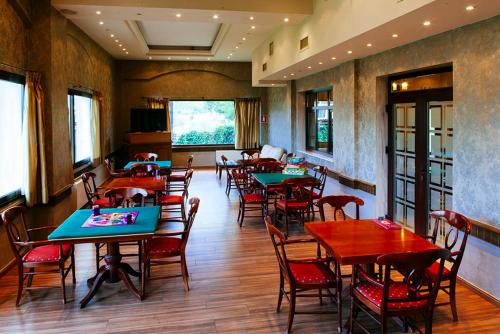 a dining room with tables and chairs in a restaurant at Hotel Aiges Melathron in Veria