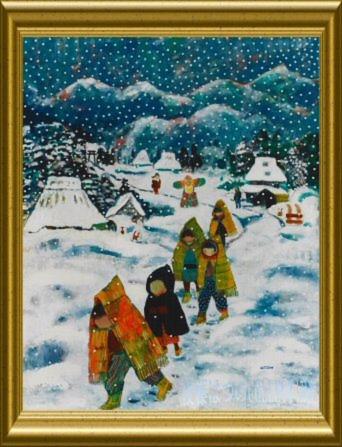 a painting of a group of children walking in the snow at Akakura Wakui Hotel in Myoko