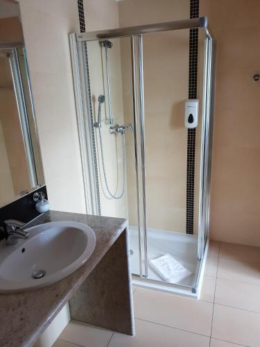 a bathroom with a sink and a shower at Centrum Okopowa 55 in Warsaw