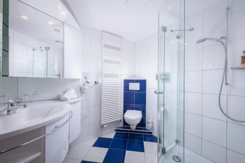 a bathroom with a toilet and a sink and a shower at Das Allgäu in Maierhöfen