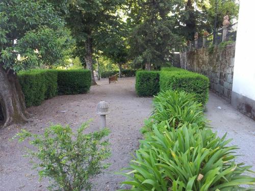 un giardino con panchina e alcuni cespugli di Casa Do Refugio a Covilhã