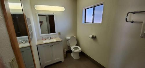 a bathroom with a toilet, sink and mirror at The L Motel Downtown/NAU Conference Center in Flagstaff