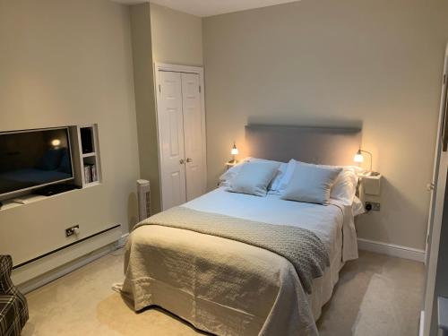 um quarto com uma cama e uma televisão de ecrã plano em The Grapevine Studio em Cambridge