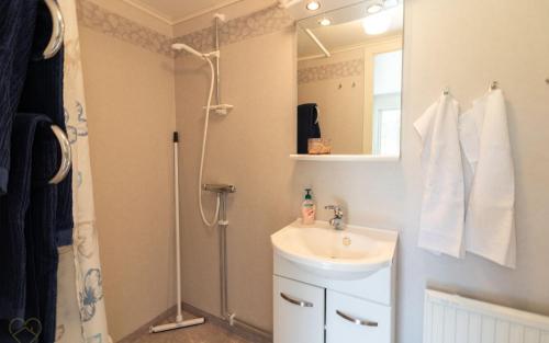 a bathroom with a sink and a shower at Fårbo in Gissebo