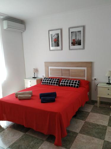 a bedroom with a red bed with a red blanket at ALTILLO 25 GARAJE Y WIFI GRATIS in Córdoba