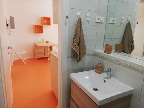 a bathroom with a sink and a mirror at Apartma Ada in Izola