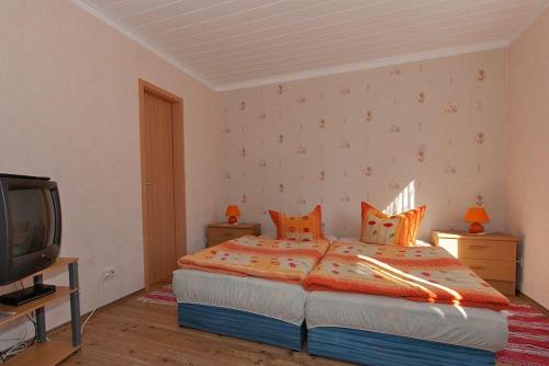 ein Schlafzimmer mit einem großen Bett und einem TV in der Unterkunft Sehr günstiger Bungalow für 3 Personen auf Rügen in Sagard