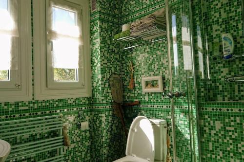 a green tiled bathroom with a toilet and a shower at Villa de caractère 8 à 15p, 350 m2 - 15 mn Paris, 10 mn Versailles in La Celle-Saint-Cloud