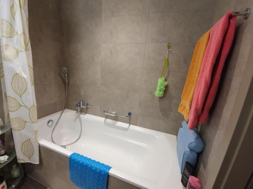 eine weiße Badewanne im Bad mit Dusche in der Unterkunft Chambre aux bord de l'Areuse in Areuse