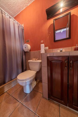 a bathroom with a toilet and a sink and a mirror at 7 orejas in Quetzaltenango