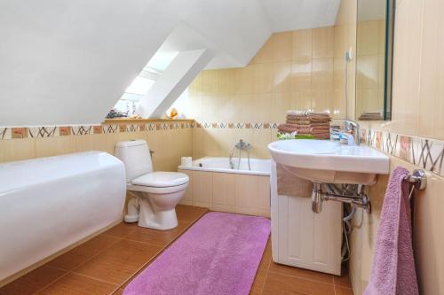 a bathroom with a sink and a toilet and a bath tub at Second Floor Apartament in Liepāja