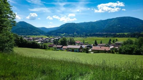 a village in a green field with mountains in the background at Hotel Unterwirt in Reit im Winkl