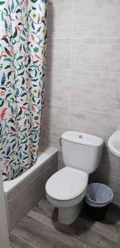 a bathroom with a toilet and a shower curtain at Pensión La Estrella in Zaragoza