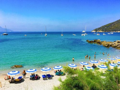 a beach with blue and white umbrellas and people in the water at Hotel Paradiso in Portoferraio