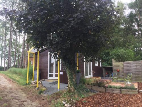 una pequeña casa con postes amarillos junto a un árbol en Chalet de la Joncquière en Villers-la-Ville