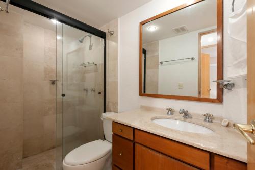 ein Bad mit einem WC, einem Waschbecken und einer Dusche in der Unterkunft Lovely apartment Ahuehuetes in Mexiko-Stadt