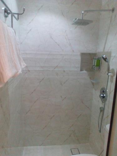 a bathroom with a shower with a large white marble shower at Jayleen Clarke Quay Hotel in Singapore