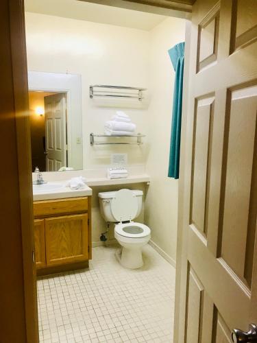 a bathroom with a toilet and a sink and a mirror at Sunrise Inn in Turlock