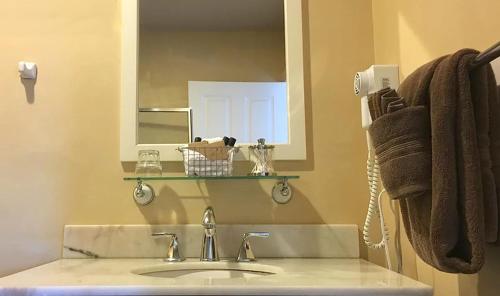 a bathroom with a sink and a mirror at Kingfish at West Sound in Eastsound