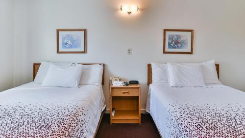 ein Zimmer mit 2 Betten und einem Nachttisch dazwischen in der Unterkunft The Saco Motel in Saco