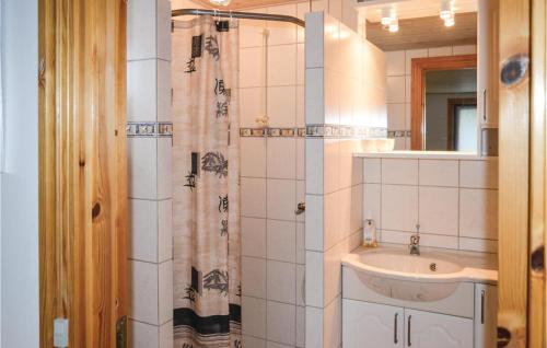 ein Bad mit einem Waschbecken und einem Duschvorhang in der Unterkunft Stunning Studio In Skagen With Wifi in Skagen