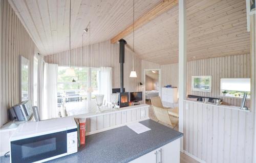 a kitchen with a counter and a living room at Cozy Home In Ebeltoft With Sauna in Femmøller
