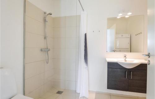a bathroom with a shower and a sink and a mirror at 3 Bedroom Gorgeous Home In Ringkbing in Hee