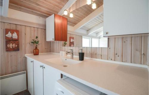 Amazing Home In Ebeltoft With 3 Bedrooms, Sauna And Wifi في إيبلتوفت: مطبخ كبير مع حوض وجدران خشبية