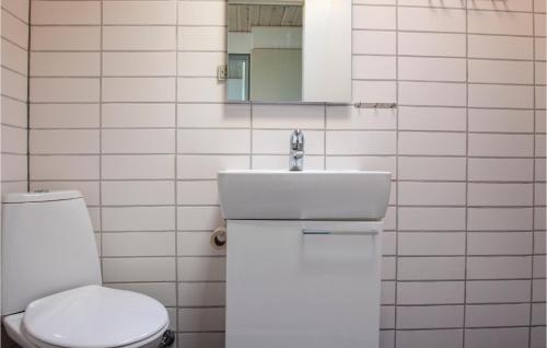 La salle de bains blanche est pourvue de toilettes et d'un lavabo. dans l'établissement Terrassehus, à Tranekær