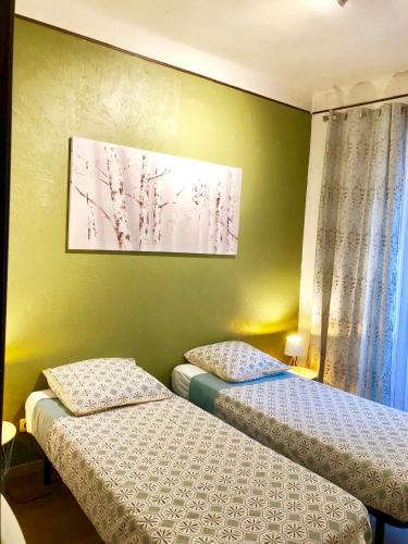 deux lits dans une chambre aux murs verts dans l'établissement Appartement au cœur de breil sur roya, à Breil-sur-Roya
