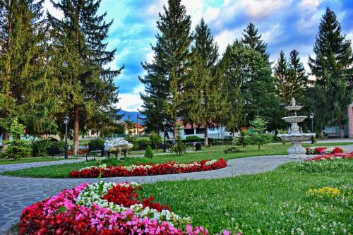 a park with flowers and a fountain in the middle at Pensiunea Sălaș in Sălaşu de Sus