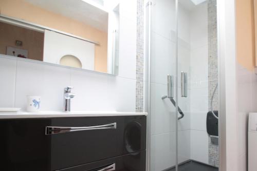 La salle de bains est pourvue d'un lavabo et d'une douche. dans l'établissement Appartement tout confort GREGOR 4 personnes Balcon Parking privé centre ville, à Vannes
