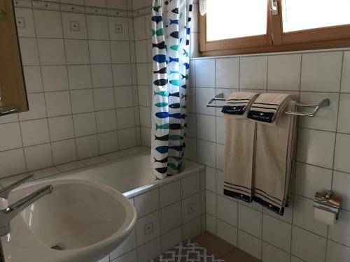 a bathroom with a sink and a shower curtain at Chalet Murmeli in Eigenthal