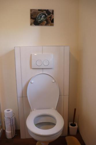 a small bathroom with a toilet with a picture on the wall at Ferienhaus Aurelia in Kitzeck im Sausal