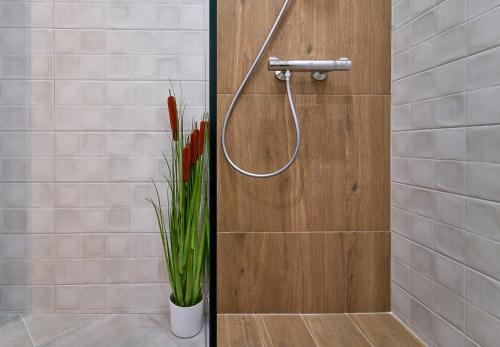 a shower with a hose and a plant in a bathroom at Adel Apartments in Veliko Tŭrnovo