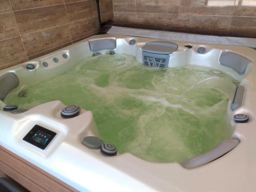 a bath tub filled with green water in a bathroom at St. Hubert Vendégház in Hortobágy