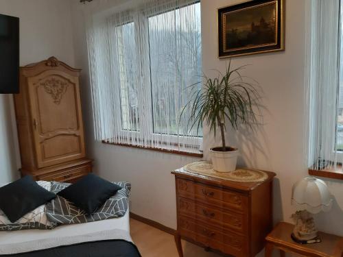 a bedroom with a bed and a plant on a dresser at Zajazd Ponikiew - Noclegi Wadowice in Wadowice