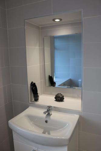 a bathroom with a white sink and a mirror at Altahammond House in Carrickfergus