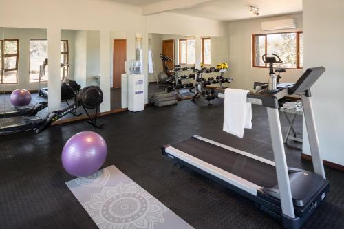 een kamer met een fitnessruimte met een loopband en fitnessapparatuur bij Simbavati River Lodge in Timbavati Game Reserve
