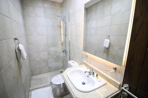 a small bathroom with a sink and a shower at Miramar Talaat Harb Square in Cairo