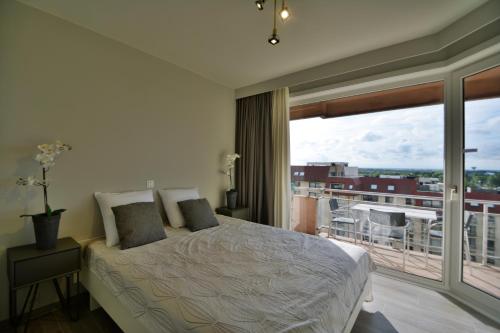 ein Schlafzimmer mit einem Bett und einem großen Fenster in der Unterkunft Scorpio B in Nieuwpoort
