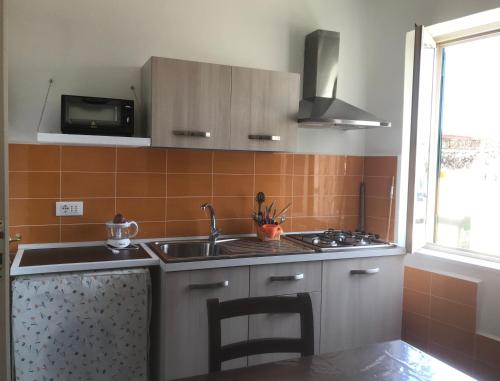 cocina con fregadero, fogones y microondas en Casette sul Porto, en Isquia