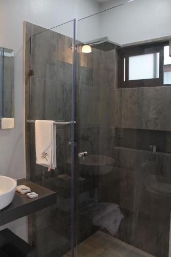 La salle de bains est pourvue d'une douche en verre et d'un lavabo. dans l'établissement Quinta Huizache, à Santa María Nopaltepec