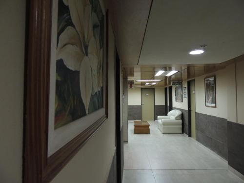 a hallway in a hospital with a painting on the wall at Hotel Algarrobo in Merlo