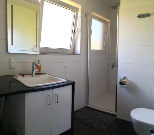 a bathroom with a sink and a shower at Zimmervermietung Stocker in Waidhofen an der Ybbs