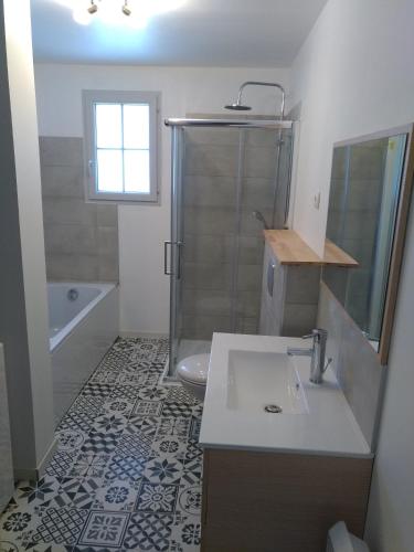 une salle de bain avec un lavabo, une douche et des toilettes dans l'établissement au pecheu, à Onzain