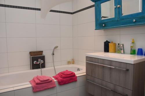 a bathroom with a tub and a sink and red towels at Bed & Breakfast Leonie in The Hague